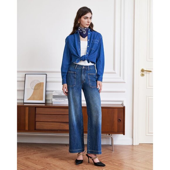 Women’s High Waisted Stretchy Wide Leg Jeans Tummy Control Casual Pants - Picture 5 of 7